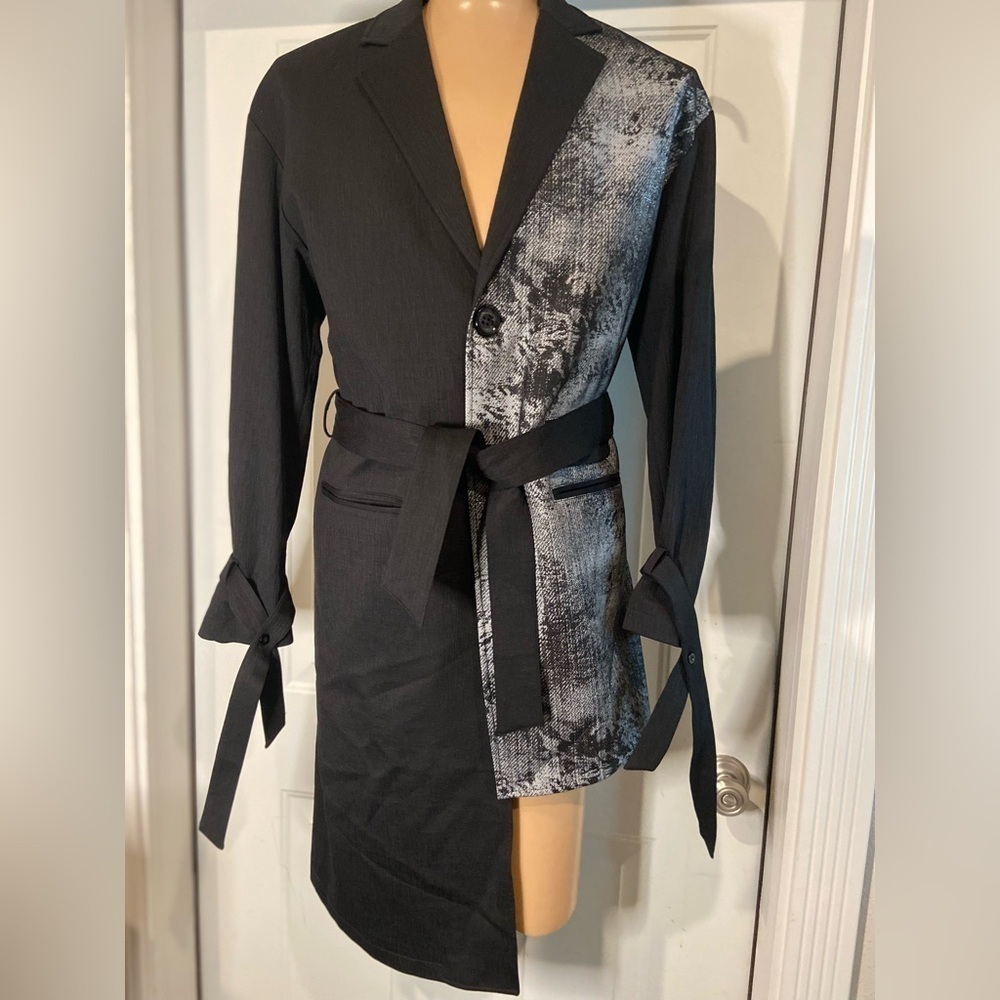Geranx Men’s Style~Asymmetric~Color Block~Graphic~Belt~Trench/Suit Coat~Size XL - Picture 7 of 16
